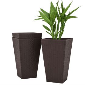 Outsunny 24ft Tall Plastic Planters, Set of 3, with Drainage Hole, Rattan-Style, anti-crack, Outdoor & Indoor, for Office, patios, Brown