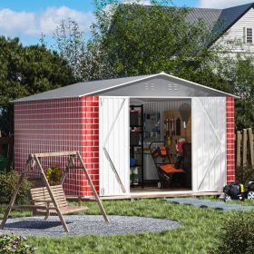 12 x 8 Ft Outdoor Storage Shed, Garden Tool Shed w/ Lockable Doors, Vents, Utility Metal Shed for Backyard Patio, All-Weather, Red Brick Style