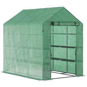 Outsunny 7' x 5' x 6.5' Walk-in Greenhouse, PE Cover, 3-Tier Shelves, Steel Frame Hot house, Roll-Up Zipper Door for Flowers, Vegetables, Sapling