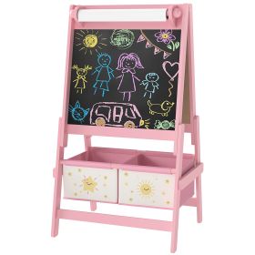 Art Easel , Double-Sided Whiteboard & Chalkboard With Paper Roll, Storage Baskets , Pink (Color: pink)