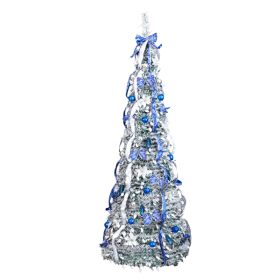 7 FT Snow Flocked Pre-lit Artificial Pop Up Christmas Tree With 200 Warm Lights And Blue & Silver Ornaments For Home Office Store Holiday Deco (Option: 7ft)