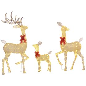 4.5ft 3-Piece Light Up Christmas Deer Family Set of 3, Lighted Reindeer Christmas Decorations with 2 LED Light Modes, Stakes, Zip Ties for Indoor (Color: Gold, Material: Steel)