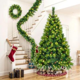 6FT Grass Green Christmas Tree, Large Branches Pine Tree, Pre-Lit Set With Tree  Garland & Wreath, Artificial Christmas With Pine Cones, Hinged X (Color: green)